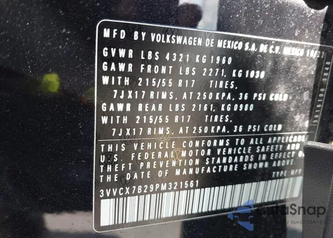 2023 Volkswagen Taos 1.5T S из США, поврежденный, VIN 3VVCX7B29PM321561